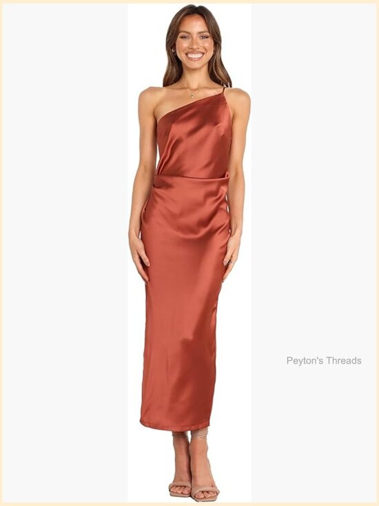 Dresses & Skirts - One-Shoulder Midi Dress with Gathered Side Detail, Back Zip